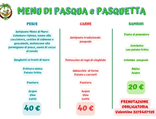 MENU DI PASQUA E PASQUETTA 2026
